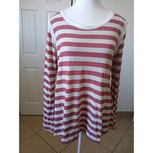 Jolt Women's Top XL‎ Long Sleeve Beige Red Striped Lace Button Back Preppy